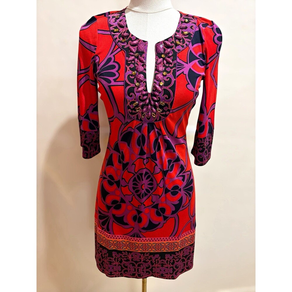 Hale Bob XS 100% Silk Embellished Jeweled Tunic Mini Dress Y2K Boho Purple Red